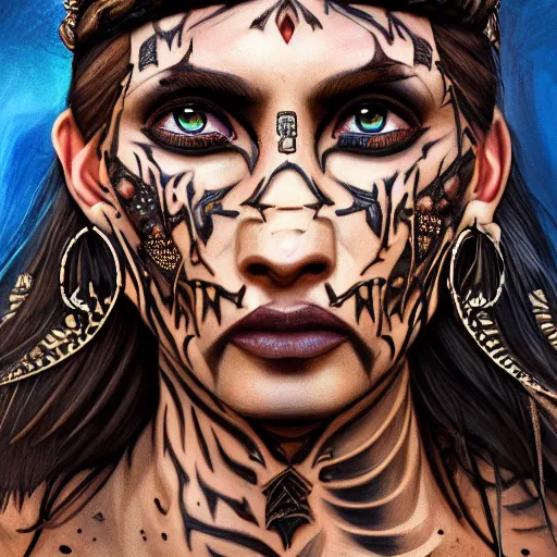 Image similar to a detailed portrait of desert warrior with face tattoos, fantasy art illustration, incredibly highly detailed and realistic, 8 k, sharp focus