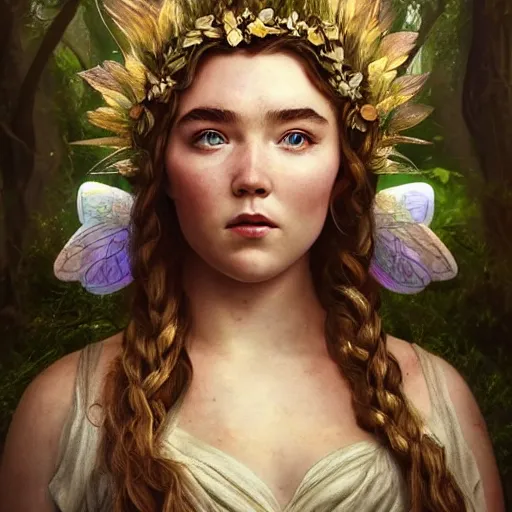 Prompt: florence pugh as the goddess of fairies!!!!!!, golden ratio!!!!!, centered, trending on artstation, 8 k quality, cgsociety contest winner, artstation hd, artstation hq, luminous lighting