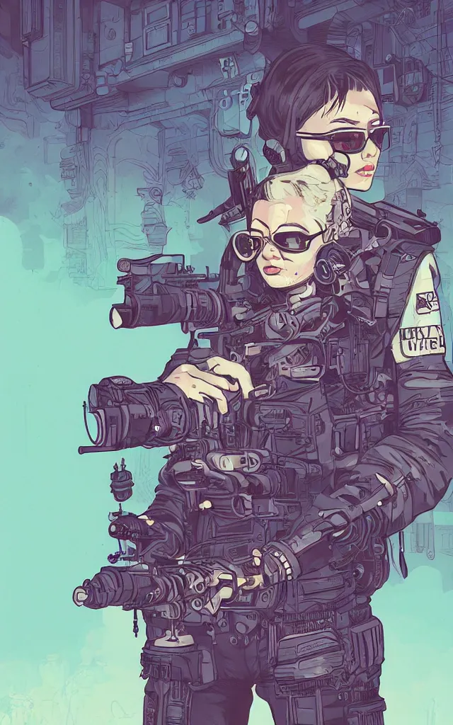 Prompt: very detailed, ilya kuvshinov, mcbess, rutkowski, simon roy, illustration of a cyberpunk military woman, colorful, cinematic composition, studio lighting
