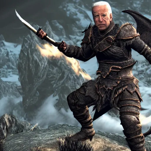 Image similar to joe biden tame a dragon in skyrim world. 8 k, hd, detailed.