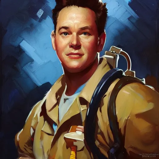 Image similar to greg manchess portrait painting of armored ghostbuster peter venkman overwatch character, medium shot, asymmetrical, profile picture, organic painting, sunny day, matte painting, bold shapes, hard edges, street art, trending on artstation, by huang guangjian and gil elvgren and sachin teng