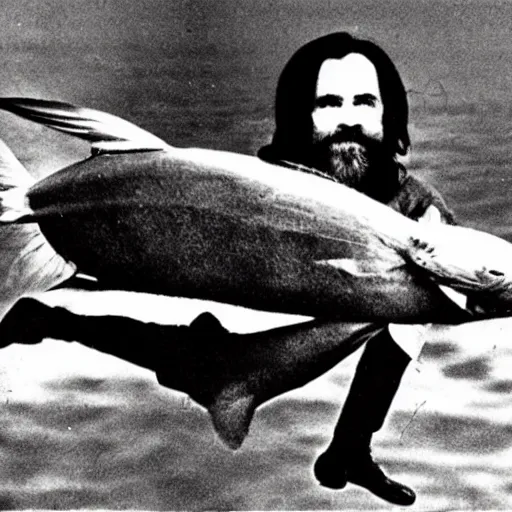 Image similar to charles manson riding a flying fish