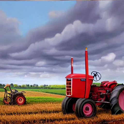 Image similar to hyperrealistic painting image where a tractor appears in the cinematic field