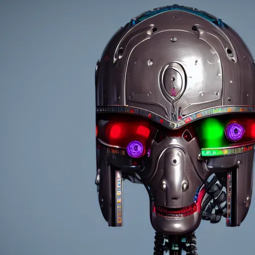 Image similar to a glossy claymodel of a dieselpunk aztec futuristic robot head with eeg probes, 8 k, front shot, symetrical, flourescent colors, halluzinogenic, multicolored, insanely detailed, 3 d render, octane