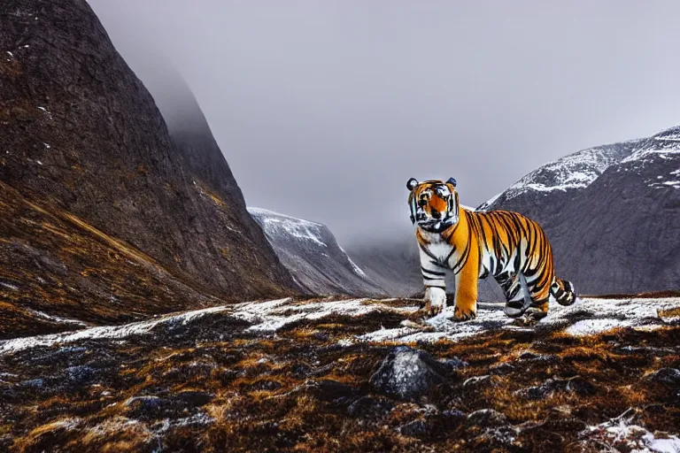 Image similar to arctic landscape wide angle, mountains fully covered in snow in the background, a tiger looking at the mountains, wide angle, 1 8 mm, depth of field, foggy, moody, atmospheric, by alexander calder