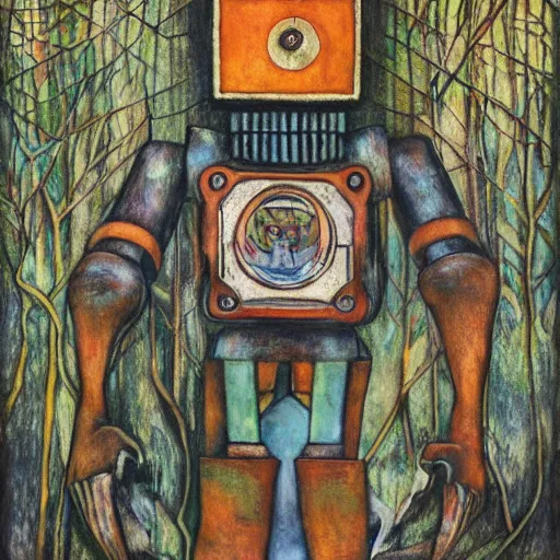 Prompt: robot seizes the forest throne, by Annie Swynnerton and Diego Rivera, symbolist, dramatic lighting, elaborate geometric ornament, tattoos, Art Brut, soft cool colors,smooth, sharp focus, extremely detailed