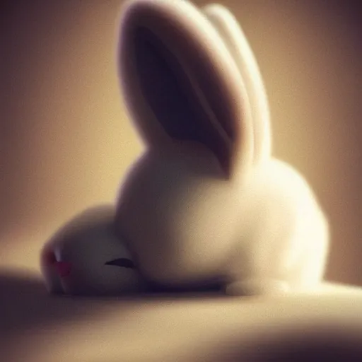 Image similar to “white bunny with black spots on face, staring at you in heaven, fog, volumetric lighting, golden hour, sharp focus, ultra detailed, trending on artstation,”