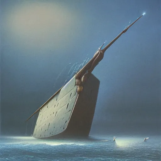 Image similar to a gunboat by Zdzisław Beksiński, oil on canvas