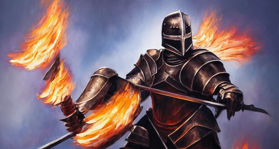 Image similar to An oil painting of a knight in dark metal armor wielding a flaming sword