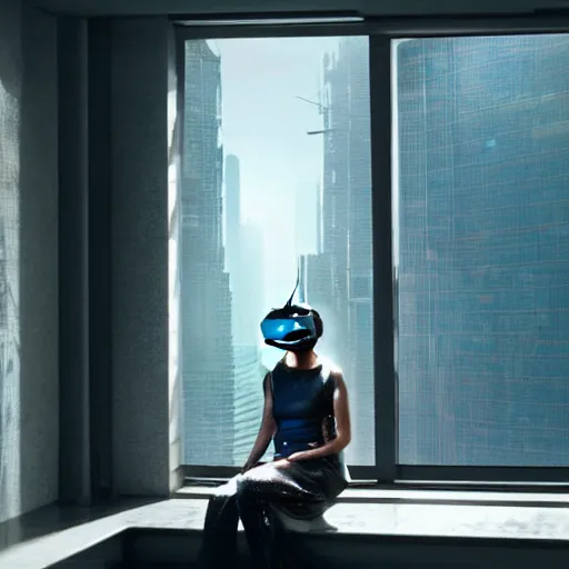 Image similar to photo of a woman in vr headset sitting in cyberpunk room behind the window, by annie leibovitz