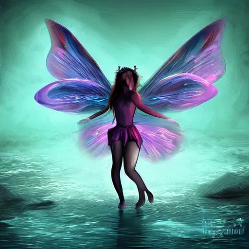 Image similar to evil fairy flying over a river, digital art, fantasy, light