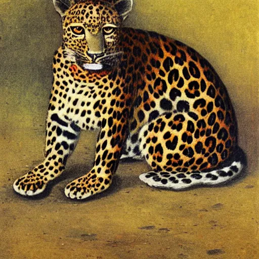 Image similar to a painting of a leopard sitting on the ground, an illustration of by charles maurice detmold, deviantart, qajar art, photoillustration, grotesque, full body