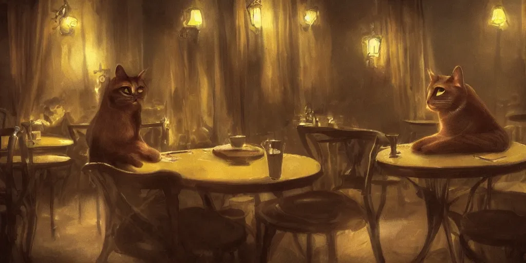 Image similar to brown cat with yellow eyes is sitting at table in a cafe at paris in early 2 0 th century. atmospheric feeling, warm colours, brown colours, yellow colours, epic scene, cinematic, very detailed, concept art, trending on artstation