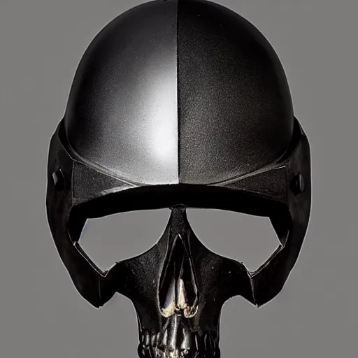 Image similar to symmetrical product photograph of a highly detailed ominous helmet made from fragmented bone and obsidian, damaged