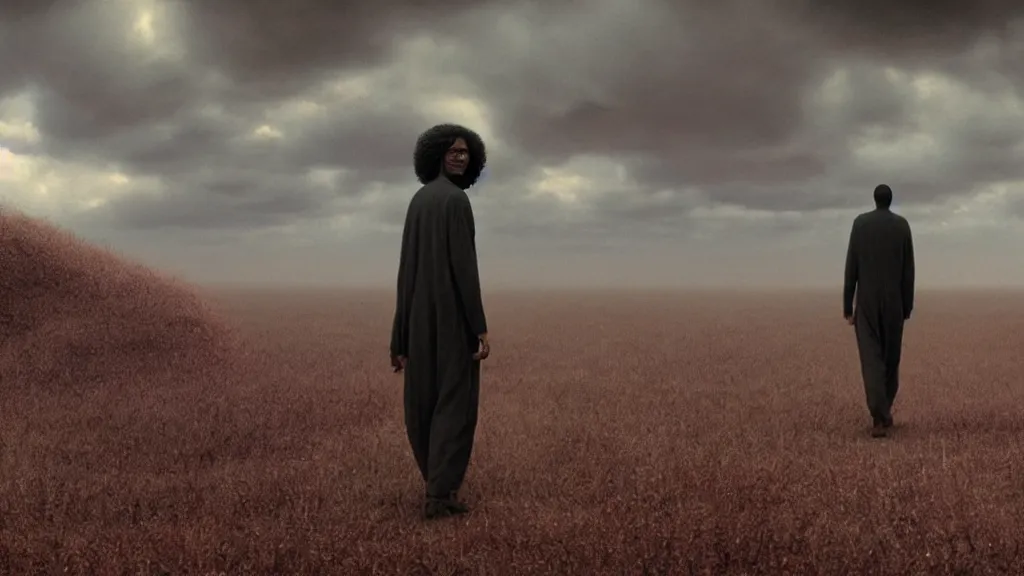 Prompt: a black man with long curly hair, wearing glasses, walking out of a the fluffy clouds gate, extreme detailed face, film still from the movie directed by Denis Villeneuve with art direction by Zdzisław Beksiński, wide lens