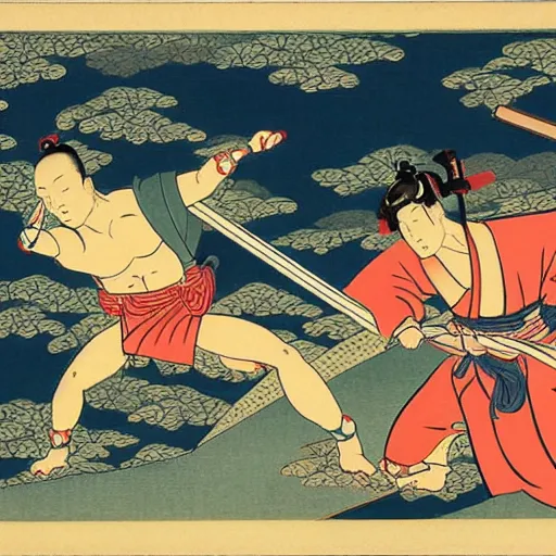 Prompt: samurai fighting in fierce battle in a beautiful forest, ukiyo - e style, italian futurism style