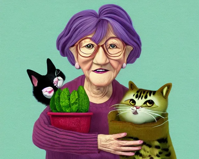 Image similar to detailed cartoon portrait of an old lady and her plant cat, pixar, sharp high quality