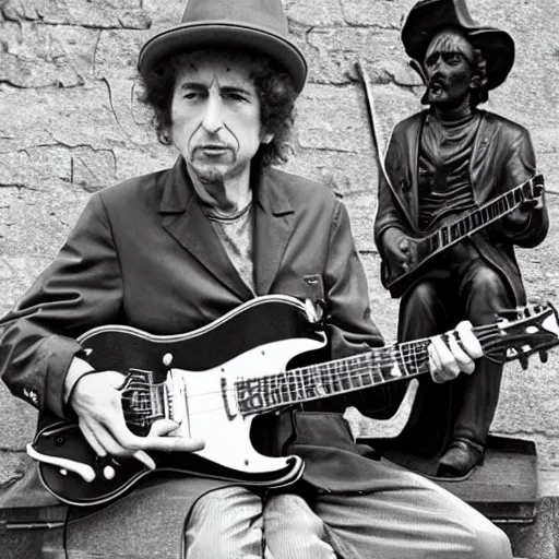 Prompt: bob dylan playing his guitar whilst sitting next to a statue of king alfred the great in wantage united kingdom, photograph