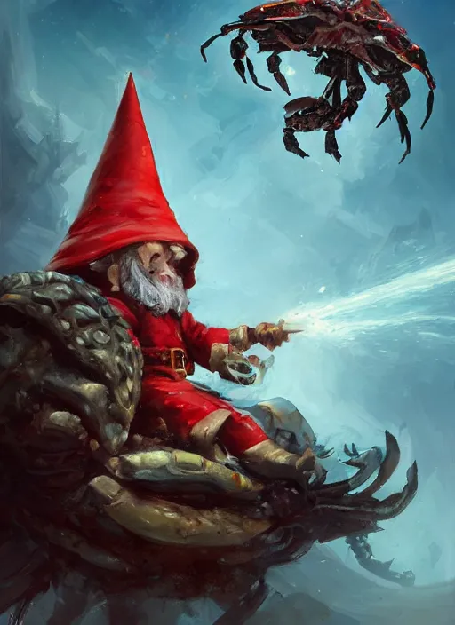 Prompt: a wondrous gnome wizard sitting atop a giant crab painted by raymond swanland