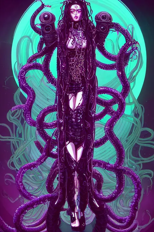 Image similar to Perfectly-centered Hyperdetailed symmetrical cinematic RPG portrait-illustration of a beautiful aetherpunk cyberpunk Medusa in a long neon-noir lovecraftian dress while her hair is made of huge ravepunk snakes. She's standing next to otherworldly towers in a surreal landscape with a cosmic horror blurred background, in the style of an epic sci-fi comic-book cover, 3D rim light, smooth digital art, sharp focus, 8K.