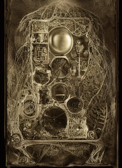 Prompt: old wetplate daguerreotype birth of artificial intelligence, fractal, intricate, elegant, highly detailed, parallax, leica, medium format, subsurface scattering, by jheronimus bosch and greg rutkowski and louis jacques mande daguerre