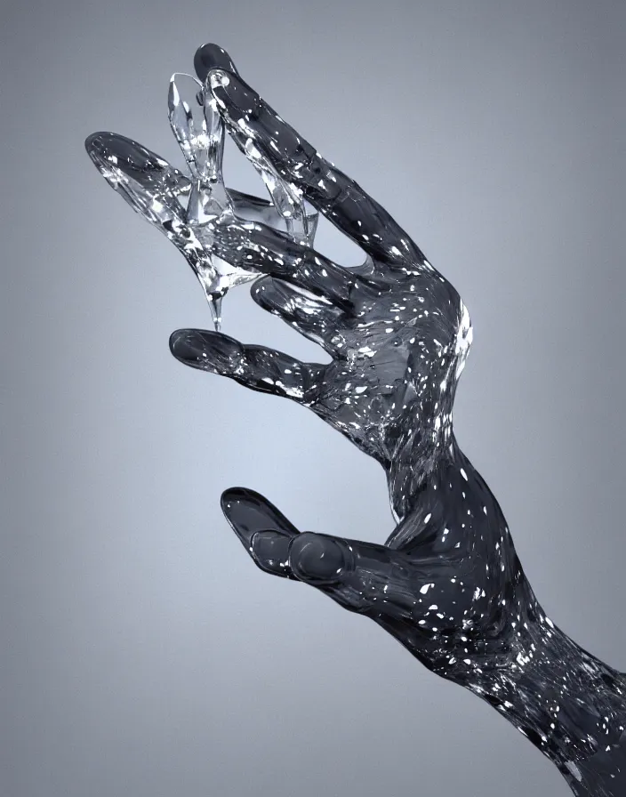 Image similar to crystal hand coming out of water 3d render, octane render, photorealistic highly detailed aesthetic