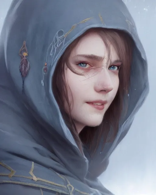 Image similar to Close-up portrait of smiling young nordic girl wearing hood, dark fantasy, portrait, highly detailed, digital painting, artstation, concept art, sharp focus, illustration, art by artgerm and greg rutkowski and alphonse mucha