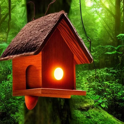 Prompt: wooden birdhouse in a tree in the rain forest, mushrooms and leaves on the birdhouse, backlit, realistic, beautiful lighting