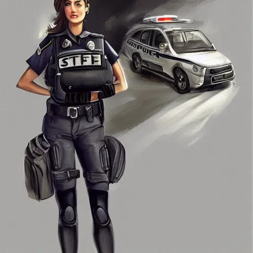 Prompt: concept art, elegant, smooth, artstation, portrait, traffic police woman, in street, latina, mexico