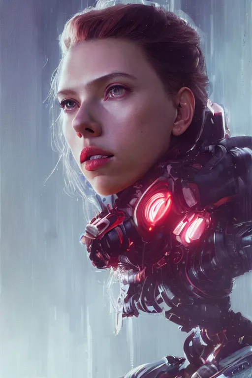 Image similar to a fancy portrait of a Scarlett Johansson cyborg by Greg Rutkowski, Sung Choi, Mitchell Mohrhauser, Maciej Kuciara, Johnson Ting, Maxim Verehin, Peter Konig, final fantasy , mythical, 8k photorealistic, cinematic lighting, HD, high details, atmospheric,