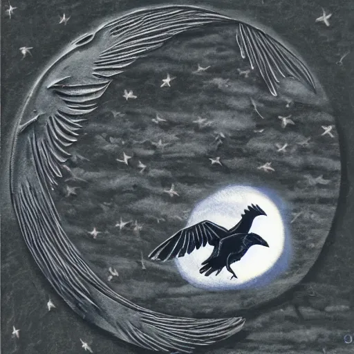 Prompt: crows fly under the moon, highly detailed