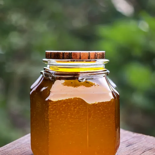 Image similar to a jar of honey in a beehive, product photo