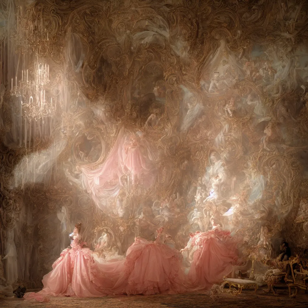 Prompt: cinderella, palace dance, dress in the style of rococo, dreamy, romantic, night lighting, highly detailed, fashion editorial by jean - honore fragonard, 8 k