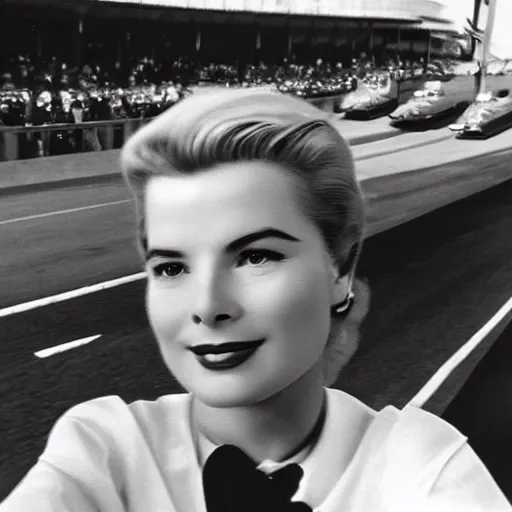 Image similar to selfie smartphone photo of a young Grace Kelly at the Monaco Gran Prix, F1 cars blurred in background, iphone photo, smartphone resolution, low resolution camera