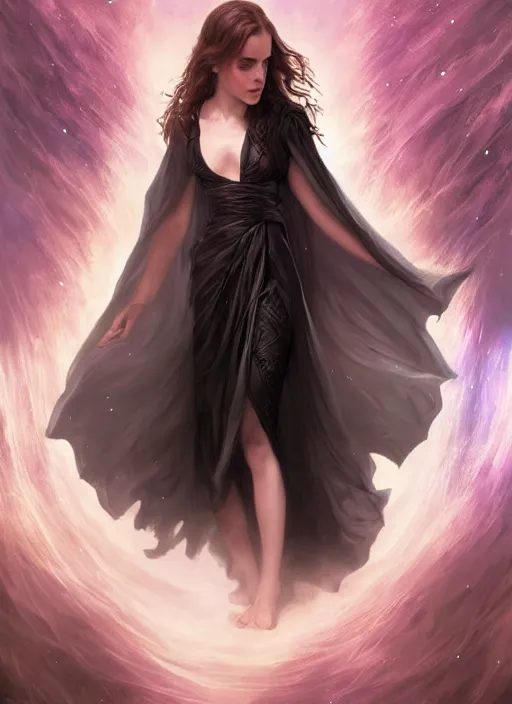 Prompt: emma watson as dark magic celestial, long hair, black and transparent cloth, space, D&D, shiny background, intricate, elegant, highly detailed, digital painting, artstation, concept art, smooth, sharp focus, illustration, artgerm, bouguereau