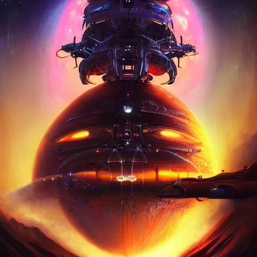 Image similar to satanic spaceship in front of synthwave stargate by peter mohrbacher and emmanuel shiu and martin johnson heade and bastien lecouffe - deharme