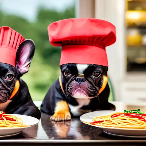 Image similar to a 8k highly detailed still photo by Anne Geddes of Two multi-colored French Bulldogs in chef hats and aprons starring on a cooking show, a plate of spaghetti is prepared, a high end restaurant kitchen in the background, bokeh