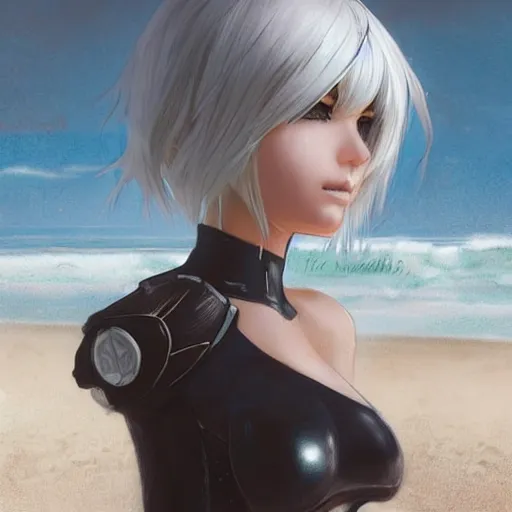 Prompt: pencil drawing of 2 b nier automata wearing a latex suit in a beach, beautiful piercing eyes, hyper realistic face, in the style of greg rutkowski, fantasy, amazing detail, epic, elegant, smooth