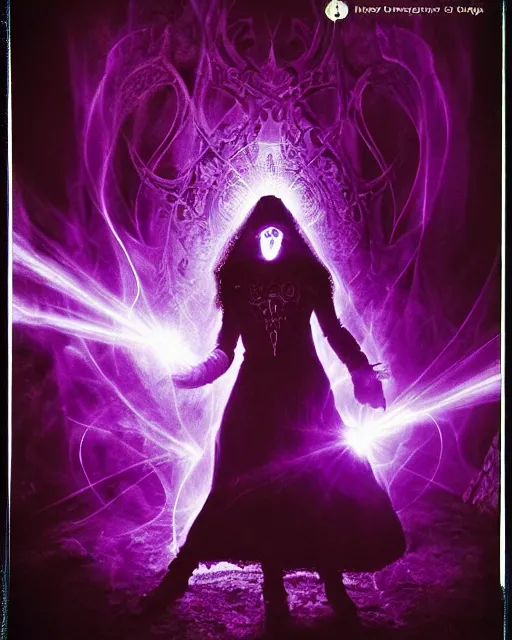 Image similar to pyromancer witch cover in purple flames, deep pyro colors, purple laser lighting, award winning photograph, radiant flares, realism, lens flare, intricate, various refining methods, micro macro autofocus, evil realm magic arts, polaroid picture taken by michael komarck - daniel dos santos