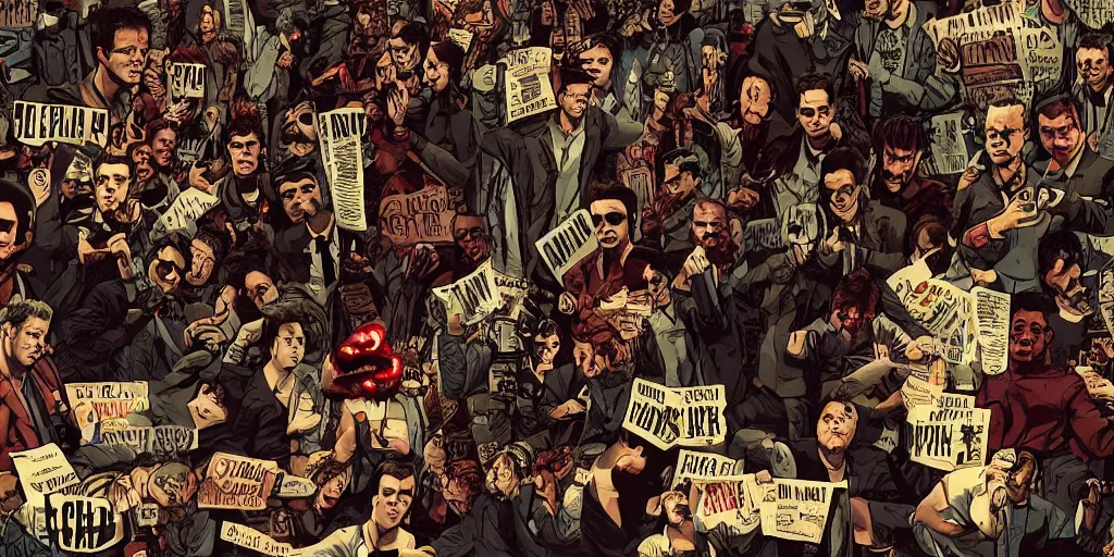 Image similar to Fight Club the movie, the people are replaced with gremlins, trending on Artstation, 8K, ultra wide angle, pincushion lens effect.