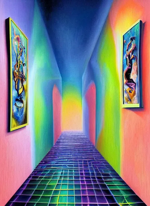 Prompt: an extremely high quality hd surrealism painting of a 3d slow-shutter galactic neon complimentary colored cartoon surrealism melting optical illusion hallway by kandsky and salviadoor dali the seventh, salvador dali's much much much much more talented painter cousin, 4k, ultra realistic, super realistic, so realistic that it changes your life and you become pregnant with jesus