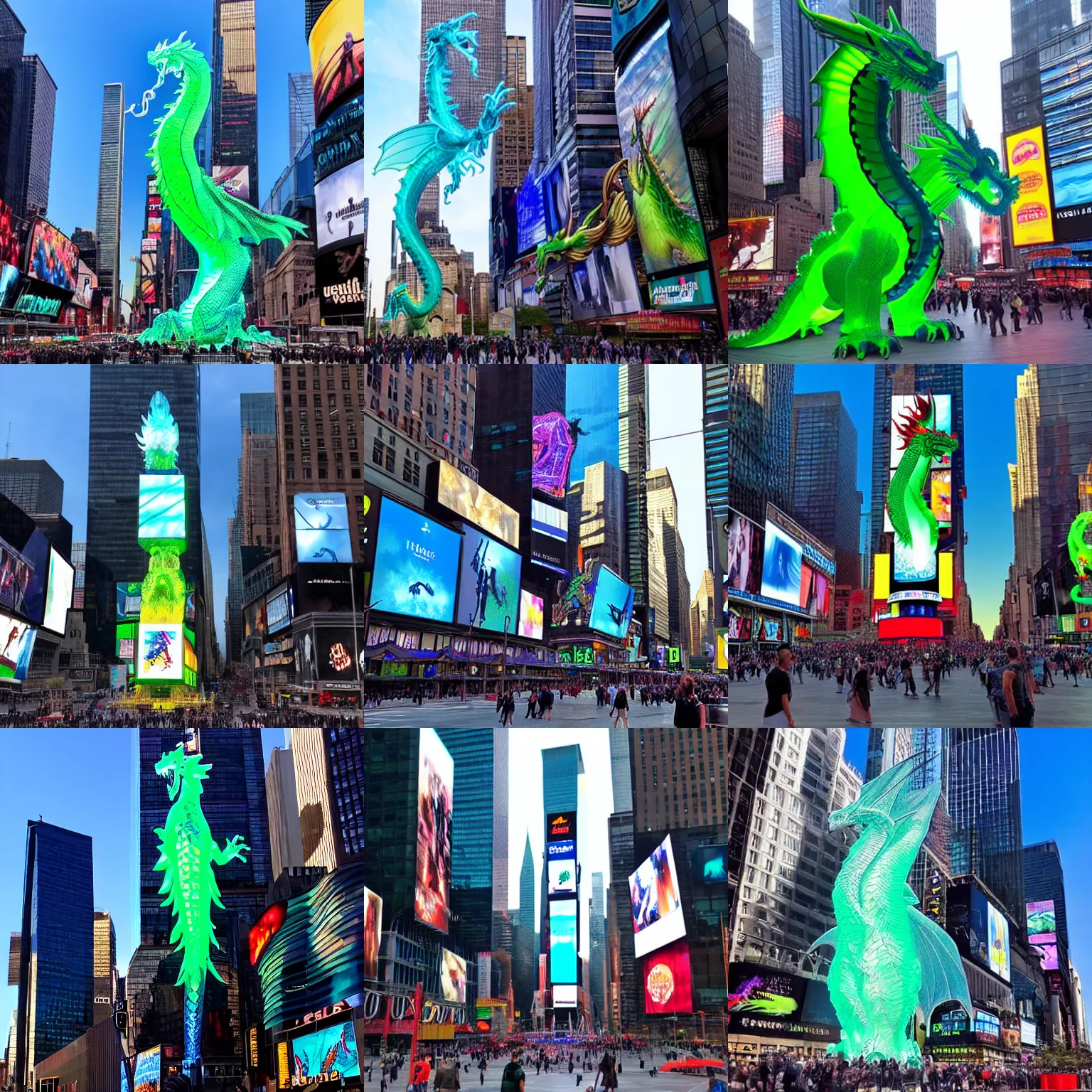 Prompt: “product photo of a 60 feet tall translucent glass dragon statute, made out of glass, in time Square, ultra realistic, UHD ”