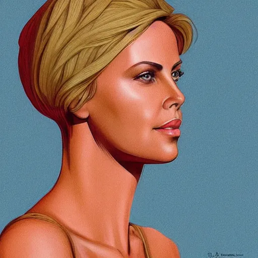 Image similar to “ charlize theron retro minimalist portrait, ultra detailed, by jean giraud, 8 k ”