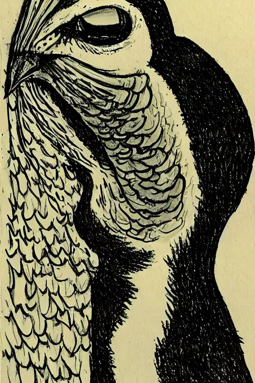 Image similar to a drawing of a bird, by junji ito