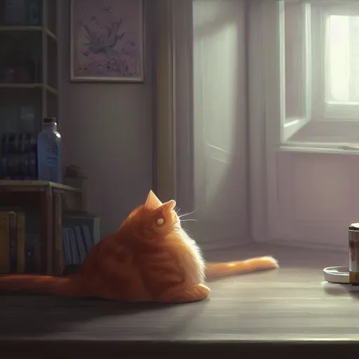 Prompt: cat exists next to a bottle of medicine. the cat in a room. digital art. artstation. realistic. vibrant. illustration. in the style of pixar movie. octane render. art by makoto shinkai, stanley artgerm lau, wlop, rossdraws. volumetric lighting.