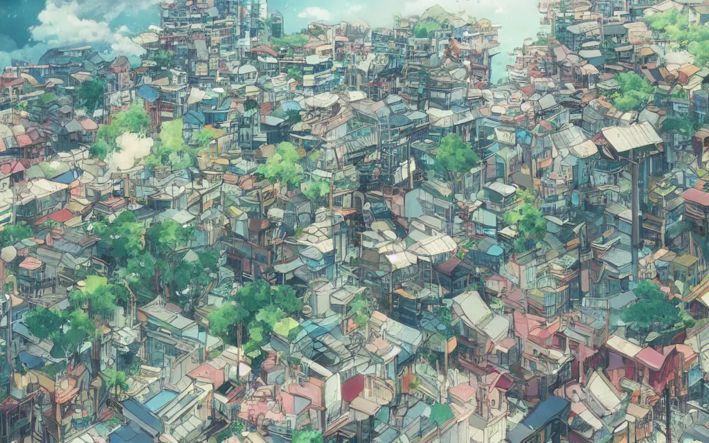 Image similar to a japanese city near the sea, lofi, dreamy, moody, very colorful, anime inspiration, ghibli vibe