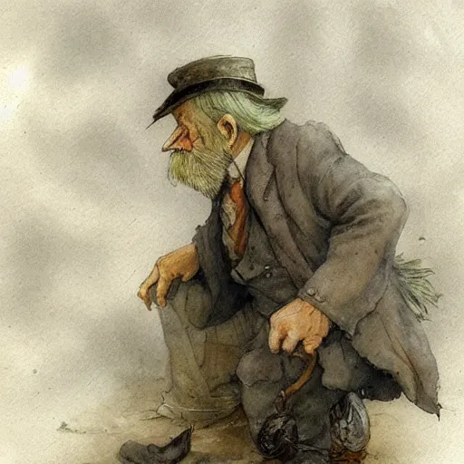 Image similar to !dream a muted color watercolor sketch of a little person poor old man story book character ifrom the book Baltimore & Redingote by Jean-Baptiste Monge of an old man in the style of by Jean-Baptiste Monge that looks like its by Jean-Baptiste Monge and refencing Jean-Baptiste Monge