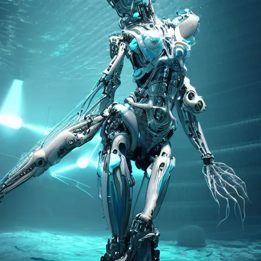 Image similar to biomechanical mecha white mermaid underwater, rays of light. Style of westworld, cables, lights, searchlight, weta digital, octane render, insane details, ultra realistic, beatifully lit, reflections