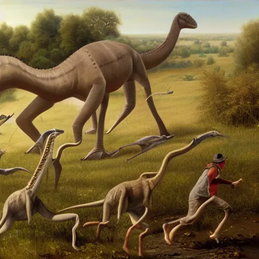 Image similar to group of hunters chasing a diplodocus in the plain, hyper-realist