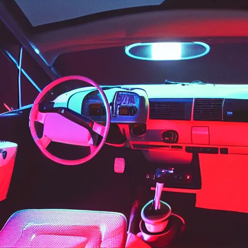 Image similar to photo of a 9 0 s fiat panda interior at night, with neon lights in the background, 3 5 mm